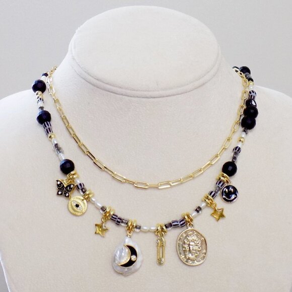 new! charm necklace beaded choker layered  freshwater pearl paperclip link chain - Picture 1 of 8